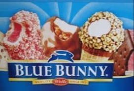 A box of blue bunny ice cream cones with different flavors