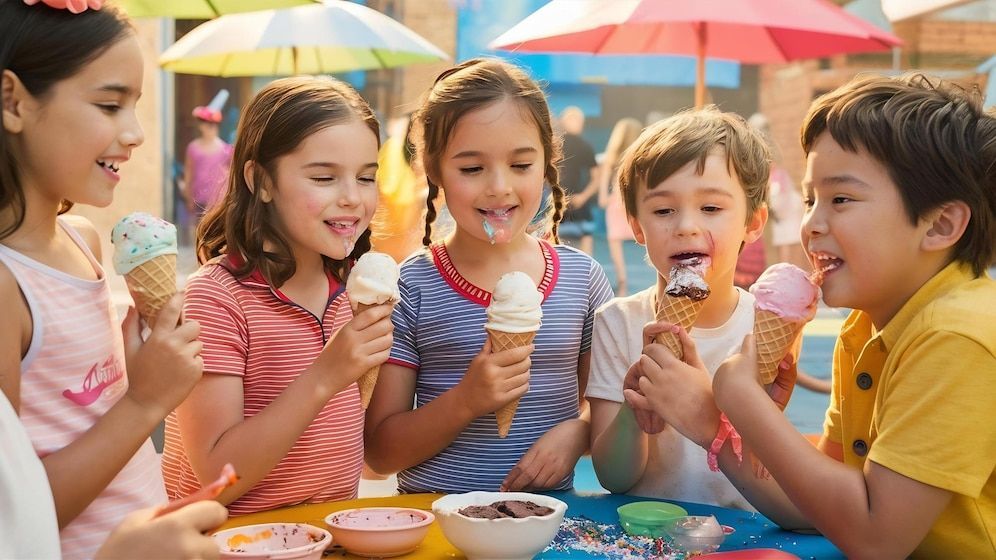 A group of children are sitting at a table eating ice cream cones.