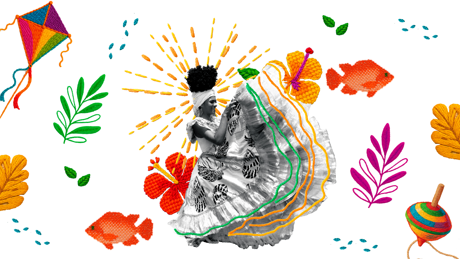 Una mujer con un vestido está rodeada de flores, peces, hojas y una cometa.