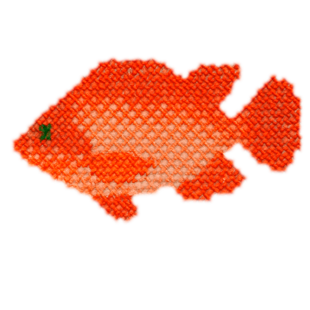 Un dibujo de un pez naranja con un ojo verde.
