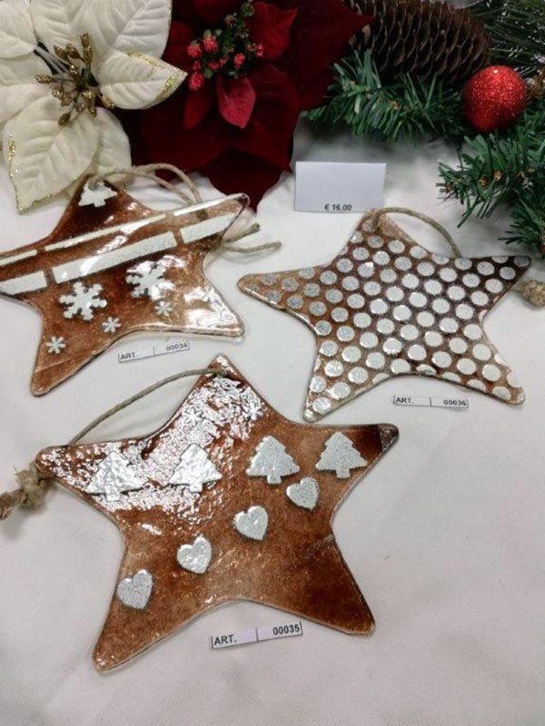 Tre decorazioni natalizie a forma di stella: marroni con motivi bianchi e argento, appese con uno spago, su uno sfondo natalizio.