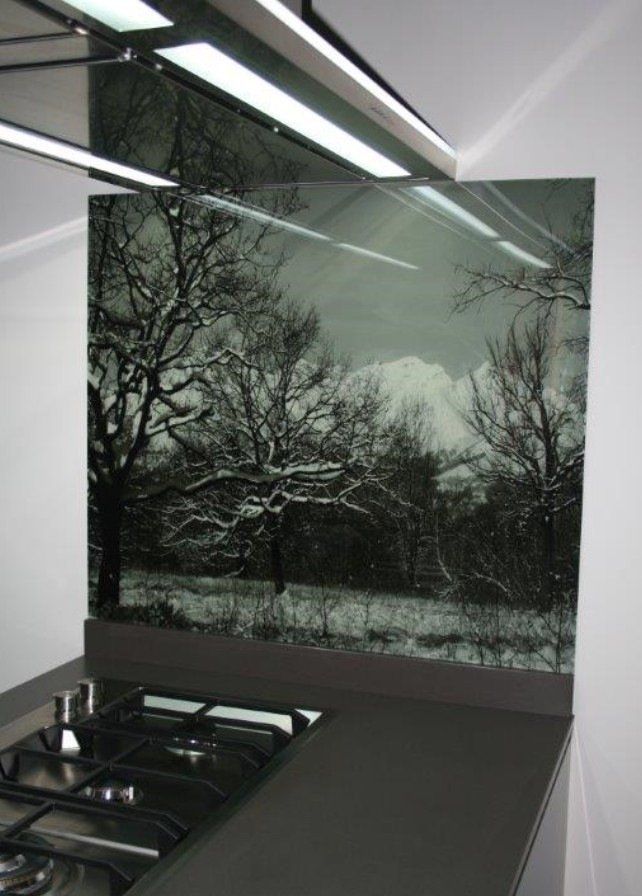 Un paraschizzi da cucina con la foto di un paesaggio invernale, accanto a una stufa.