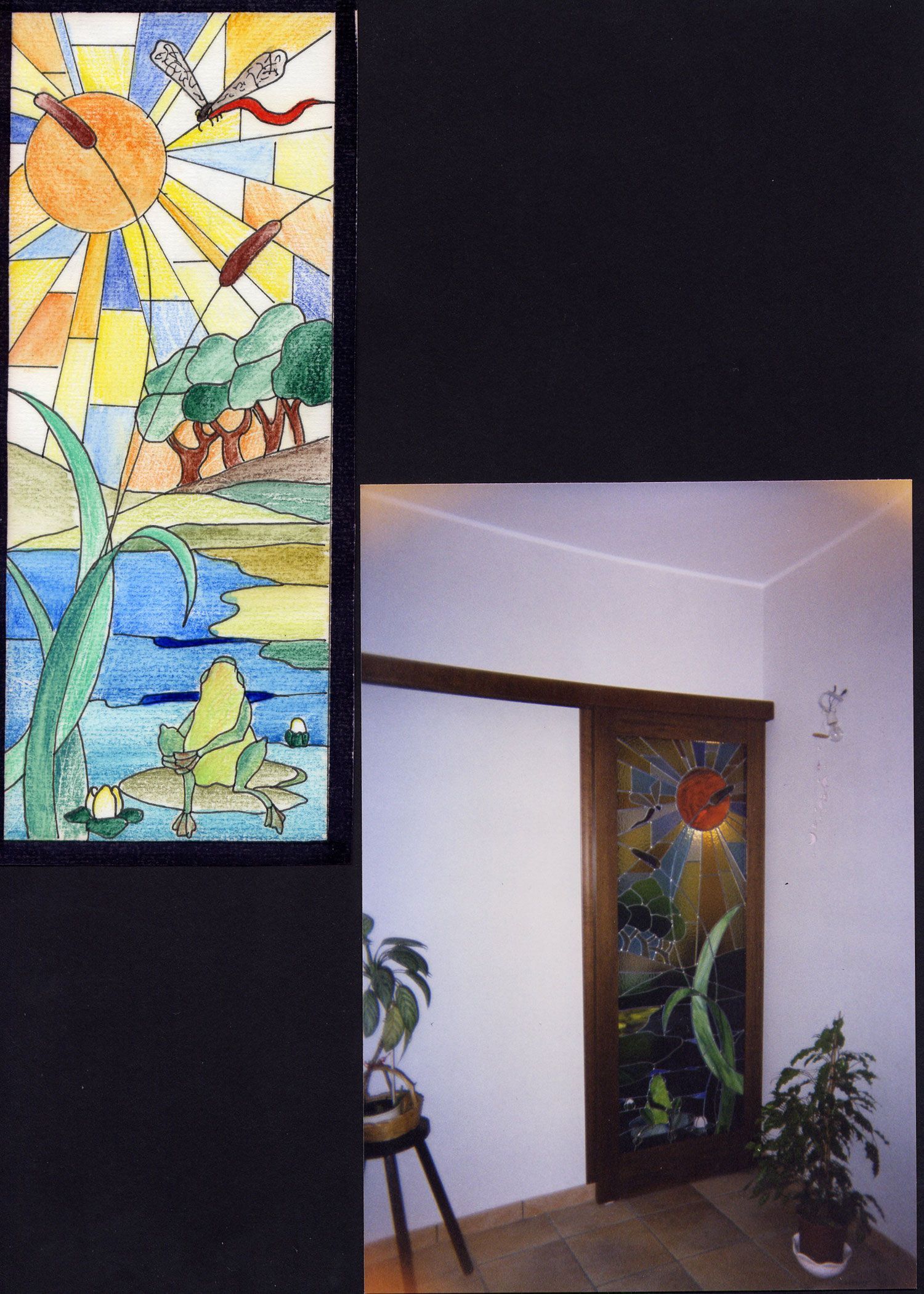 Un mosaico colorato di un paesaggio illuminato dal sole, integrato in una porta scorrevole.