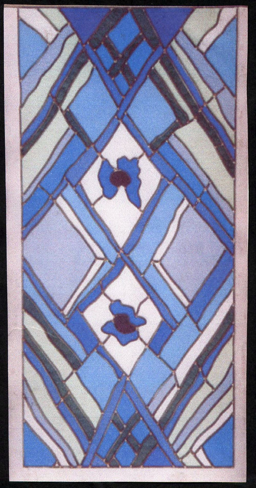 Vetrata artistica con cornice verticale, caratterizzata da motivi floreali e a rombi blu, azzurri e bianchi.