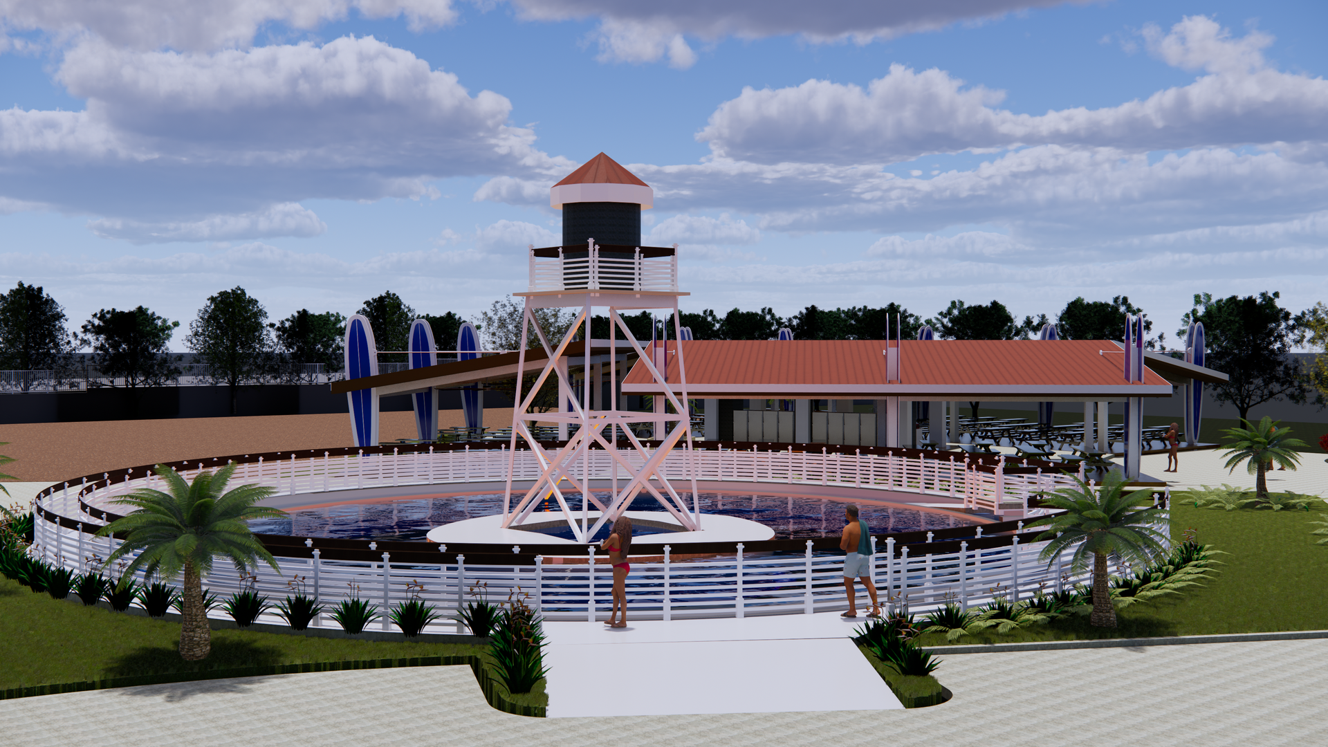 An artist 's impression of a swimming pool with a lifeguard tower.