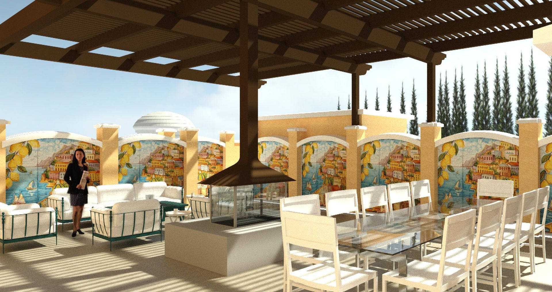 An artist 's impression of a patio area with chairs and a fireplace