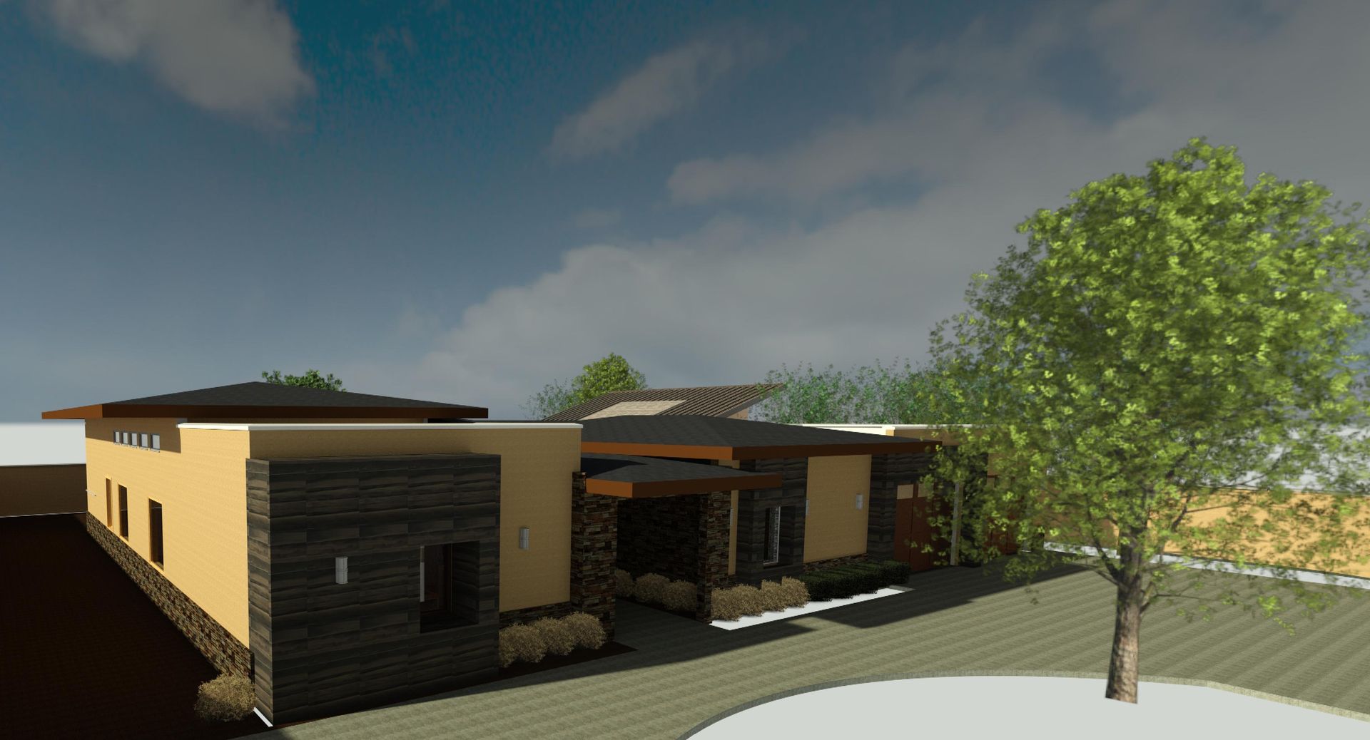 A computer generated image of a house with a tree in front of it