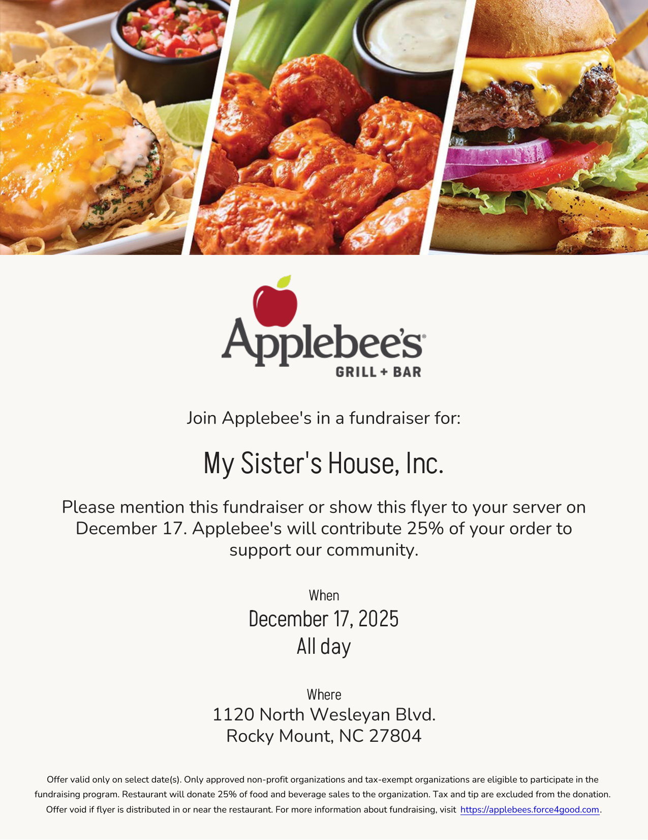 Applebee's fundraiser flyer for My Sister's House on December 17, 2025 in Rocky Mount, NC.