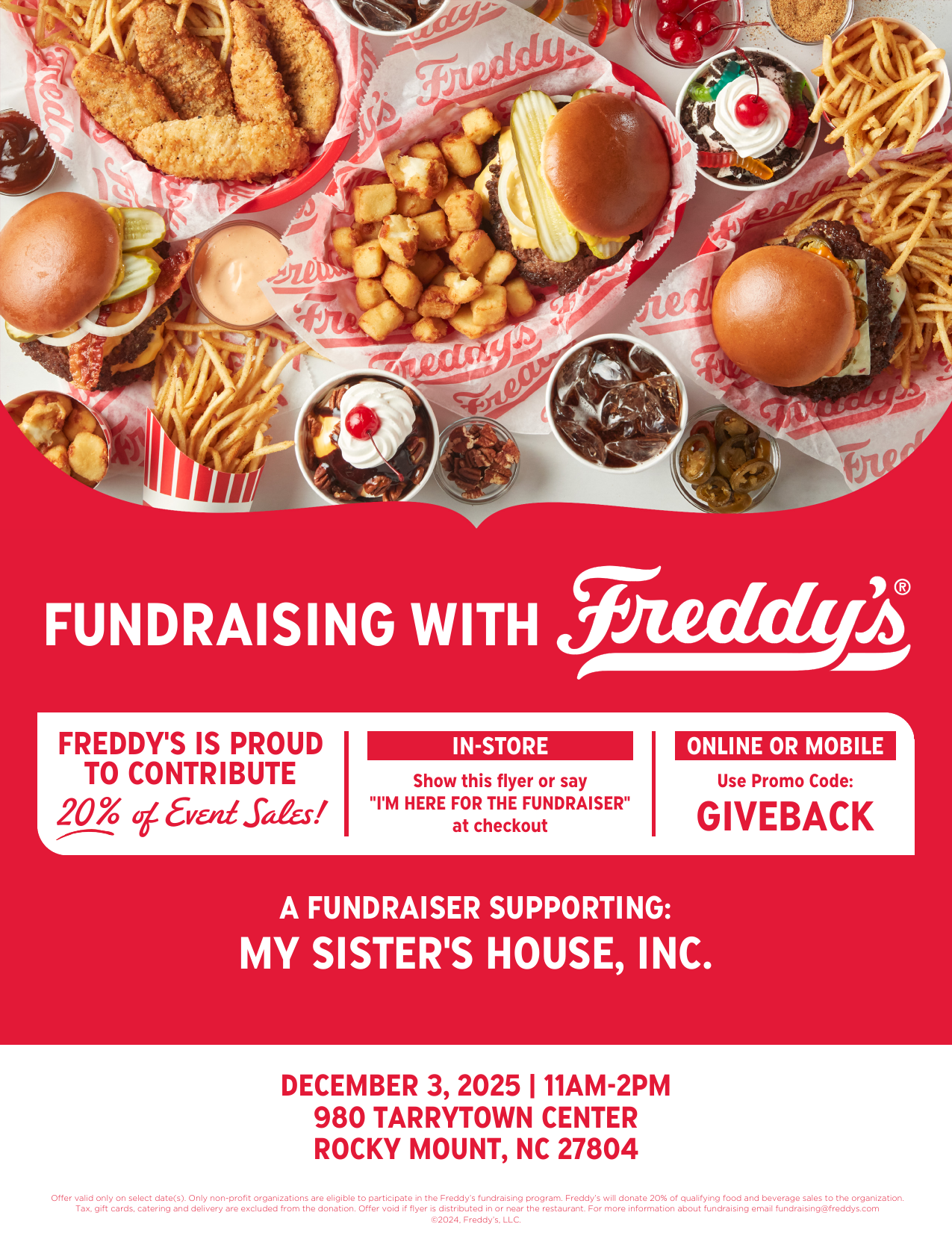 Flyer for a Freddy's fundraiser for My Sister's House. Text states 20% of event sales will be donated.