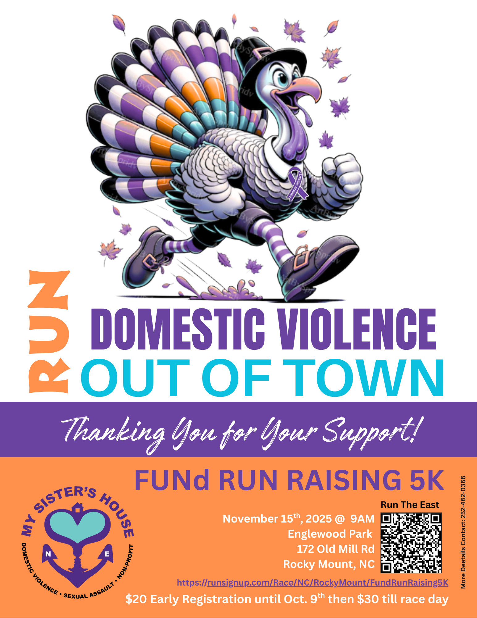 Poster: Turkey running to raise funds for domestic violence. Event at Legwood Park, Rocky Mount, NC.