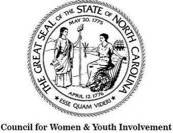 The Great Seal of North Carolina: Two women; one holding a staff, the other seated, with a cornucopia.