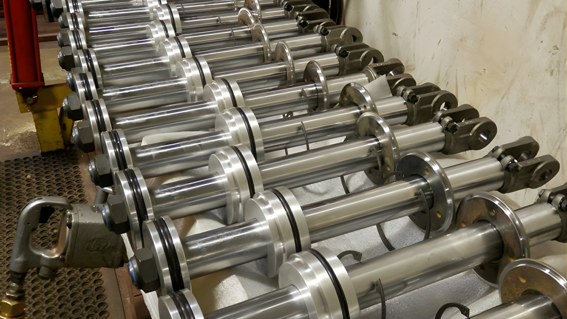 Rows of shiny metal dumbbells neatly lined up on a gym rack