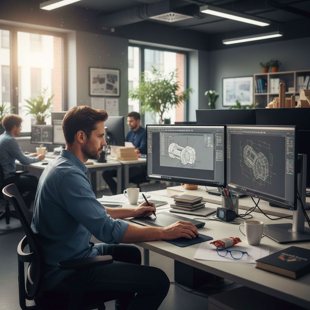 People working in a modern office, using computers with design software.