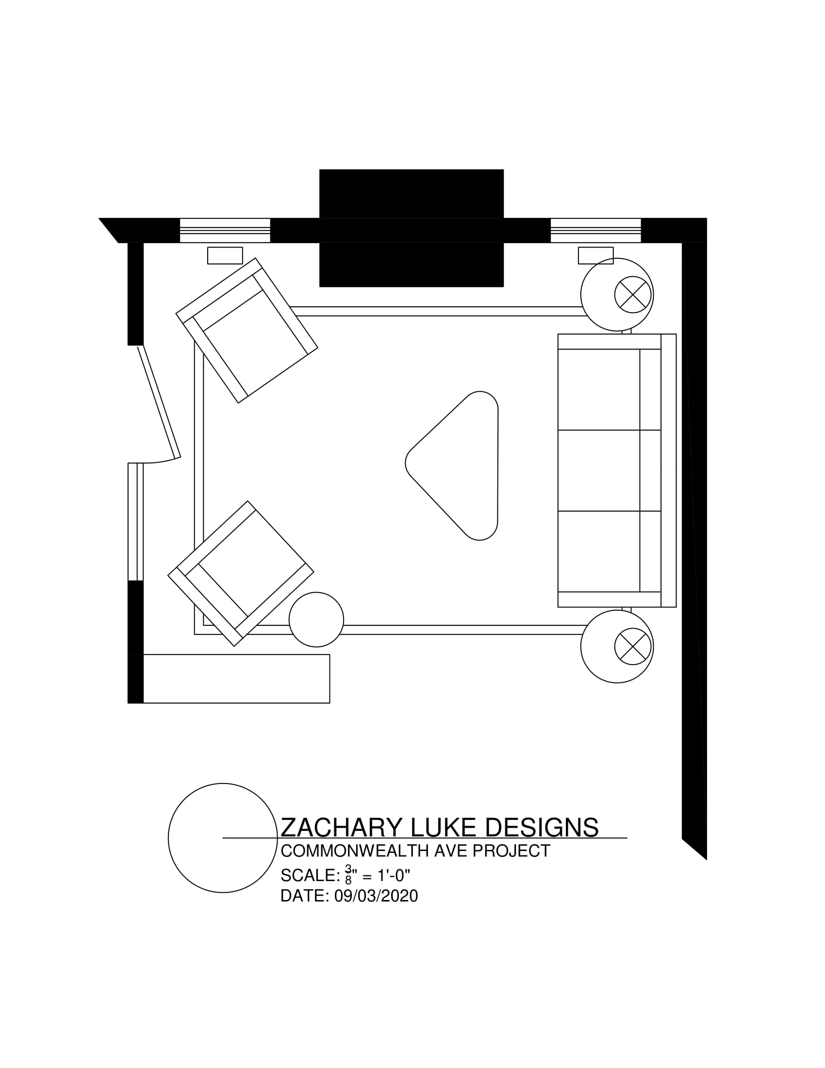 Floor plan with furniture layout; a room with a couch and two chairs.