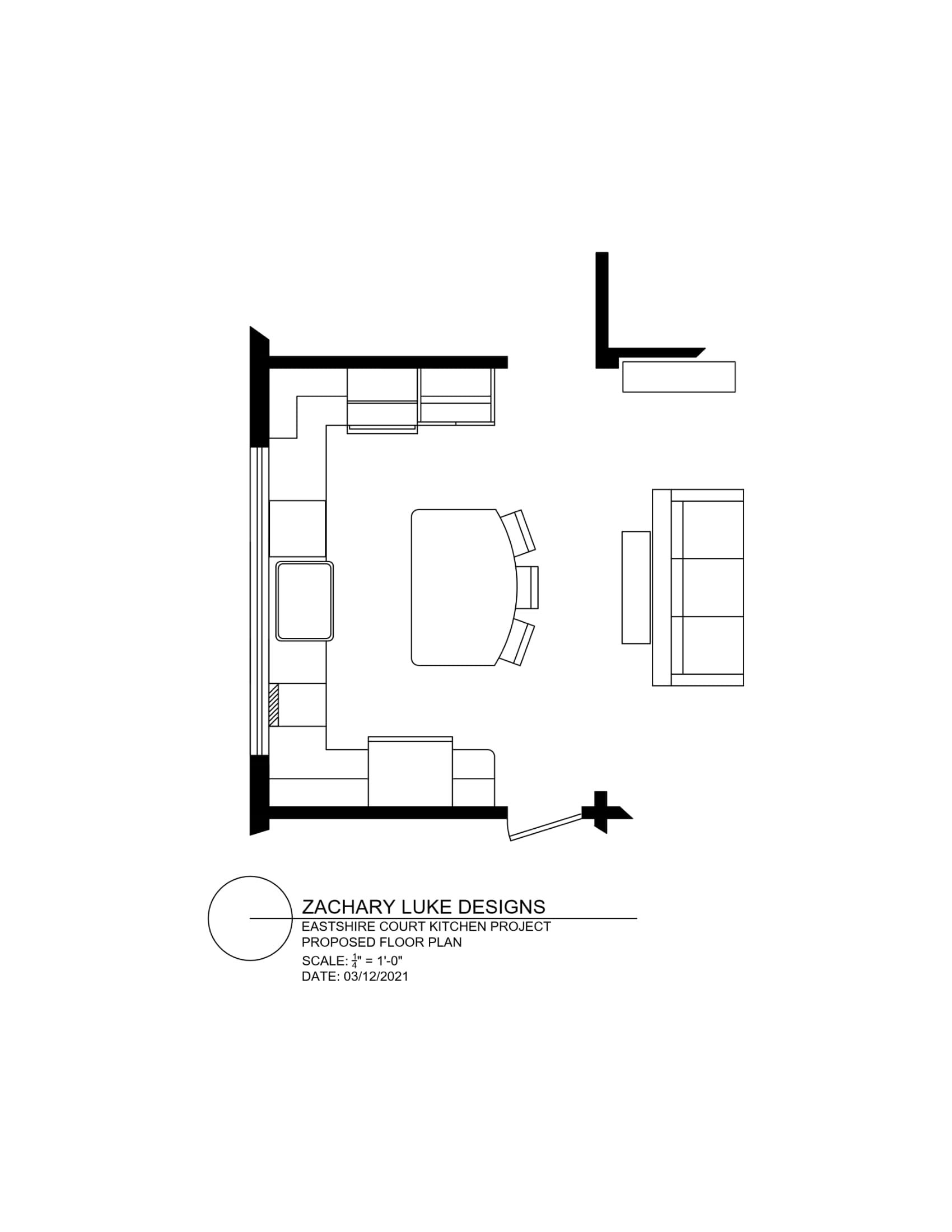 Floor plan of a room with furniture including a couch, table, and shelves.
