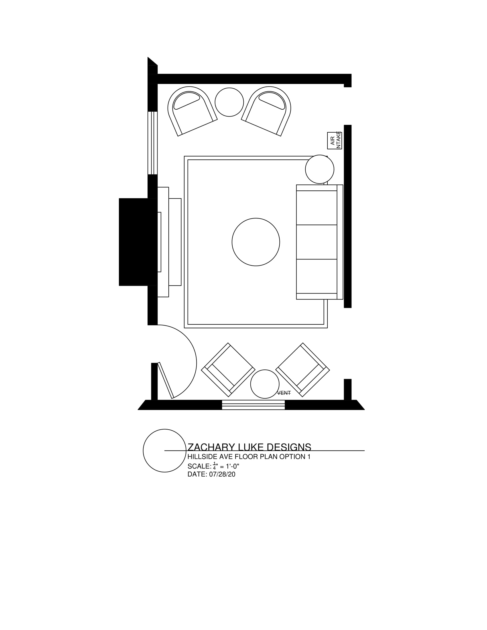 Floor plan of a room with two chairs, a bed, a side table, a closet, and a fireplace.