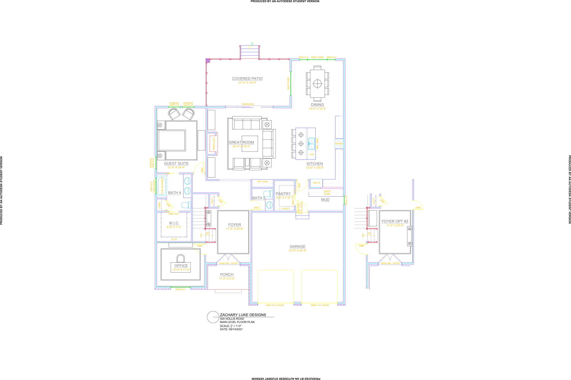 Floor plan of a house, with different colored lines outlining walls, rooms, and fixtures.