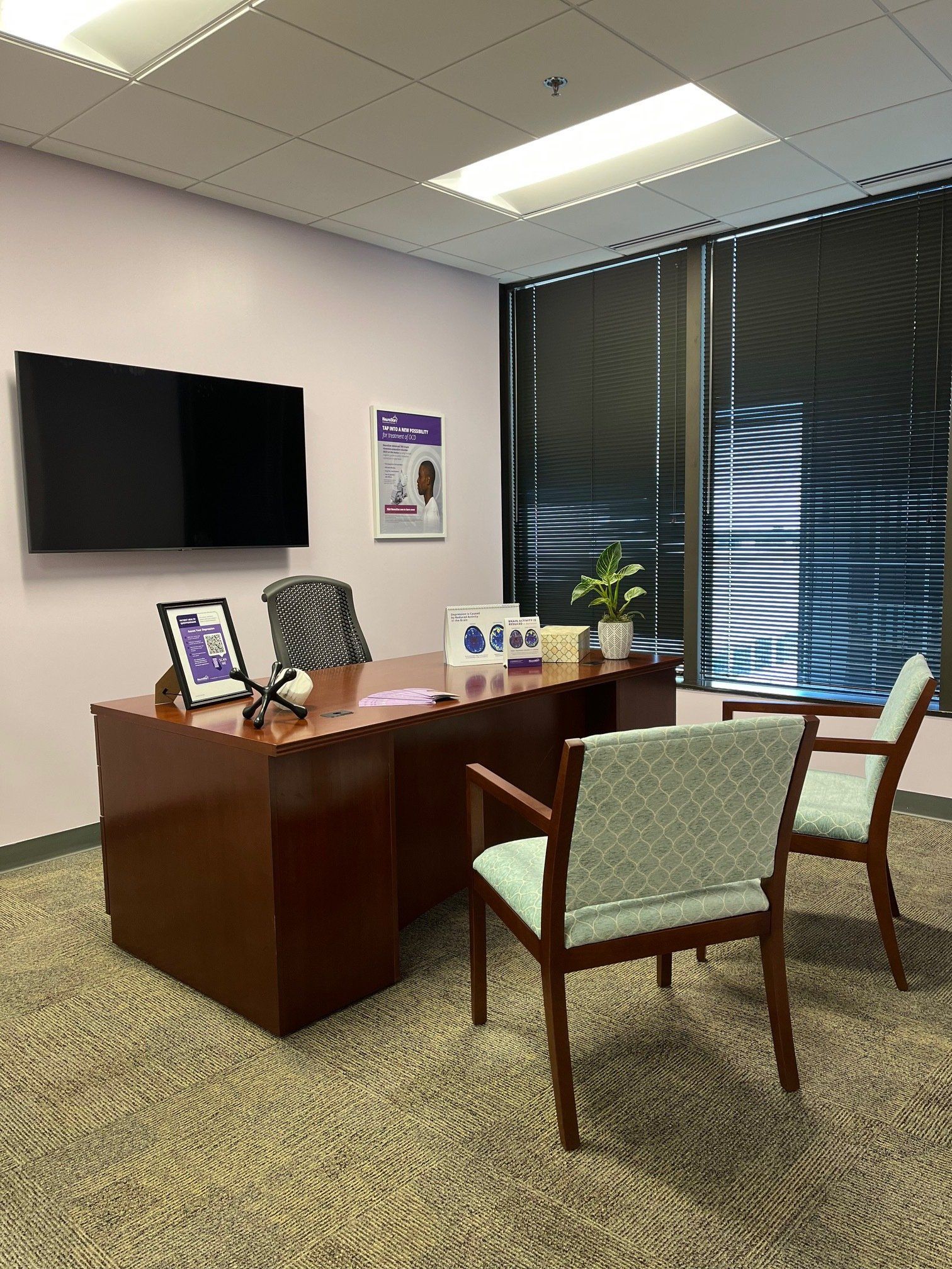 An office with a large desk, two chairs, and a TV.  Purple walls, blinds, and a plant in the corner.