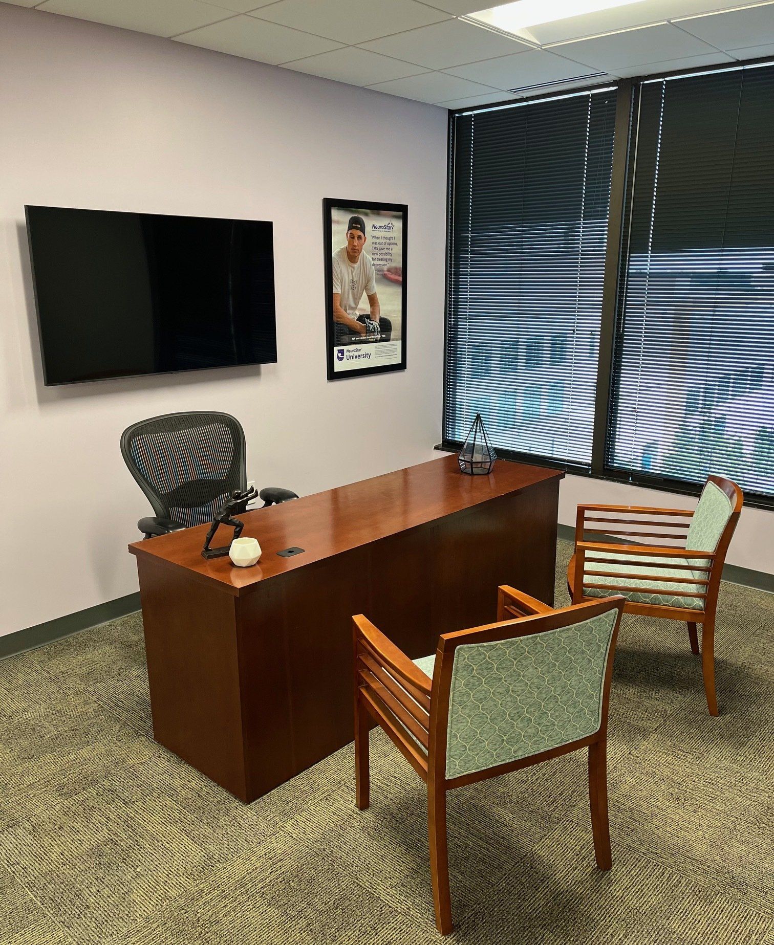Office with desk, chairs, TV, and poster; lavender walls, carpet, and window with blinds.