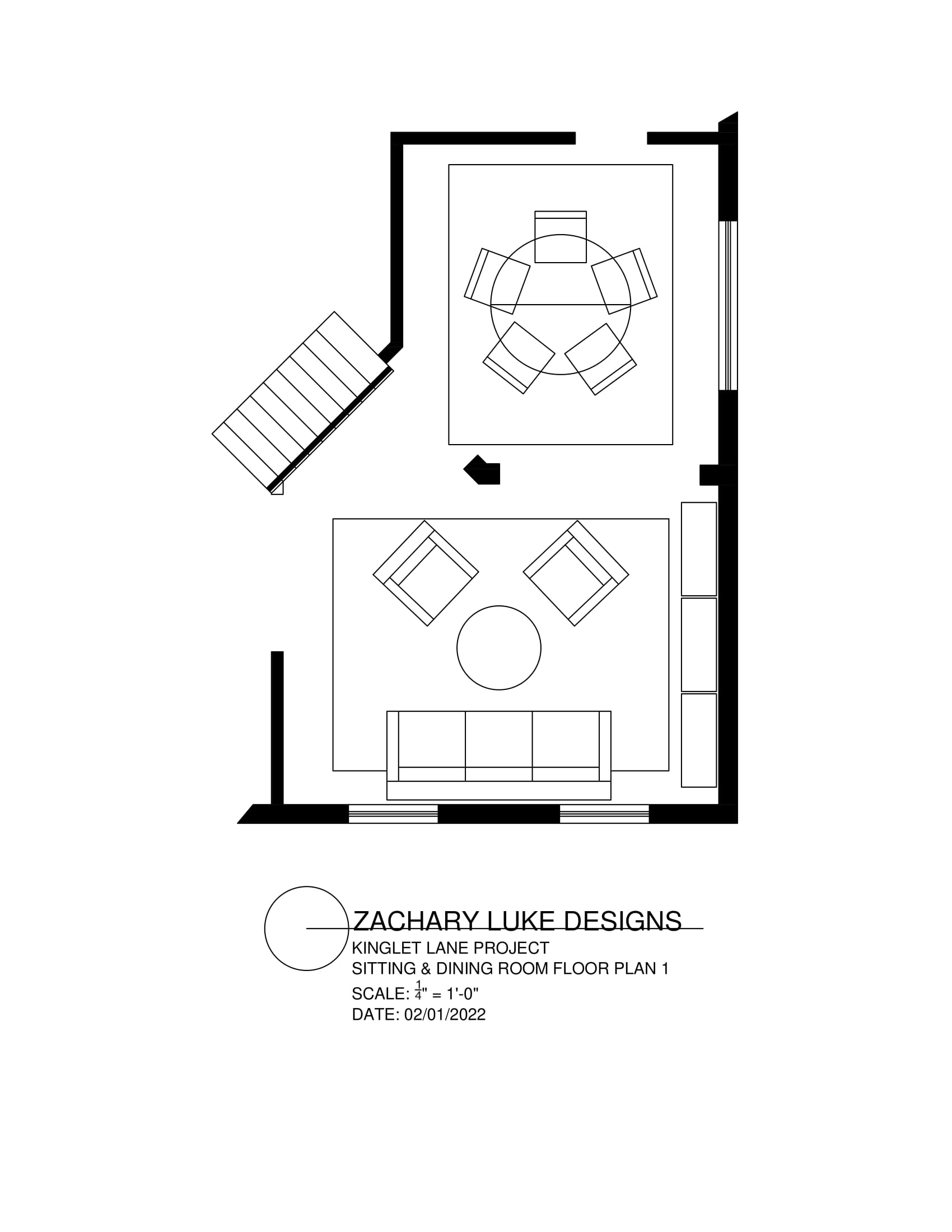 Floor plan of a room with furniture, including a table with chairs and two armchairs.