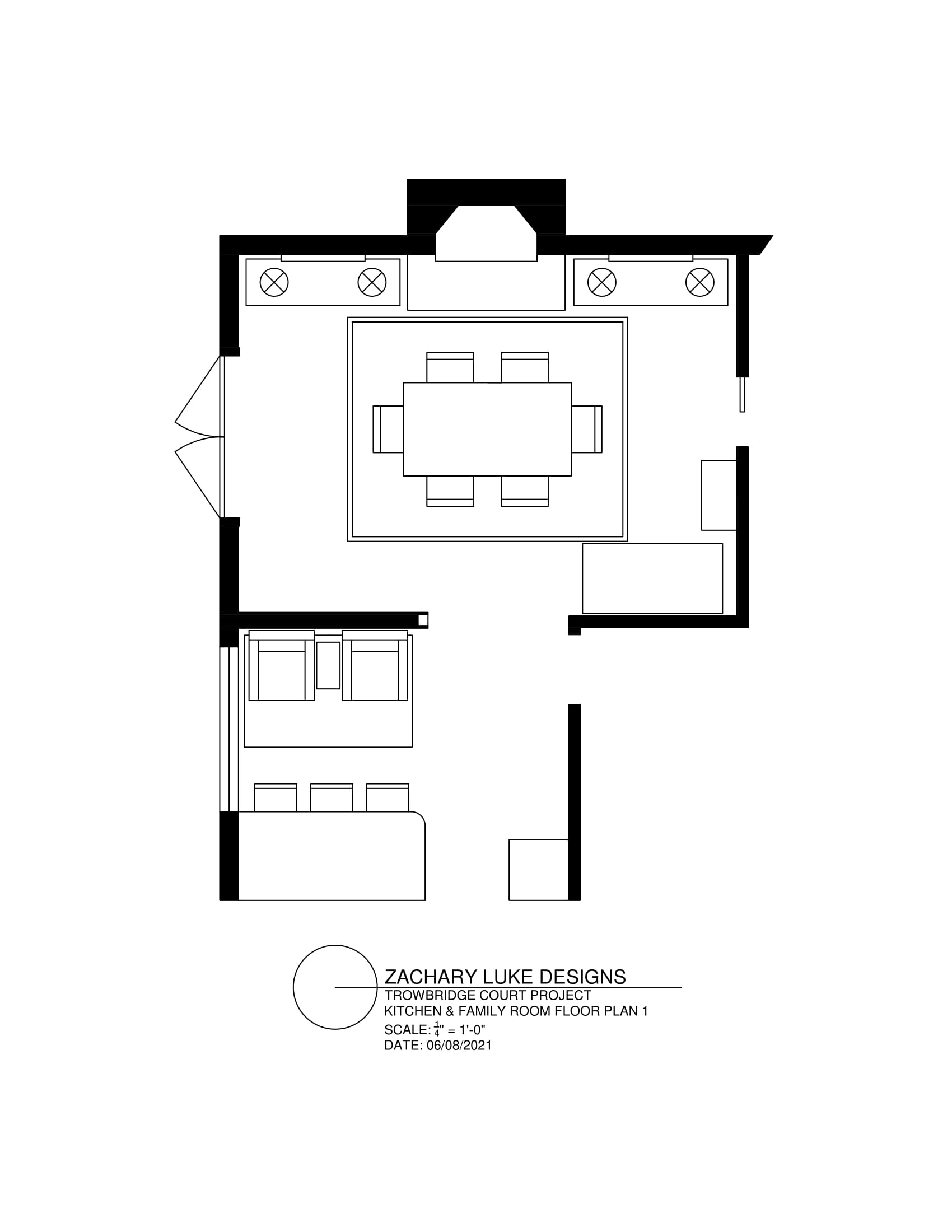 Floor plan of a dining room with a table, chairs, and fireplace.