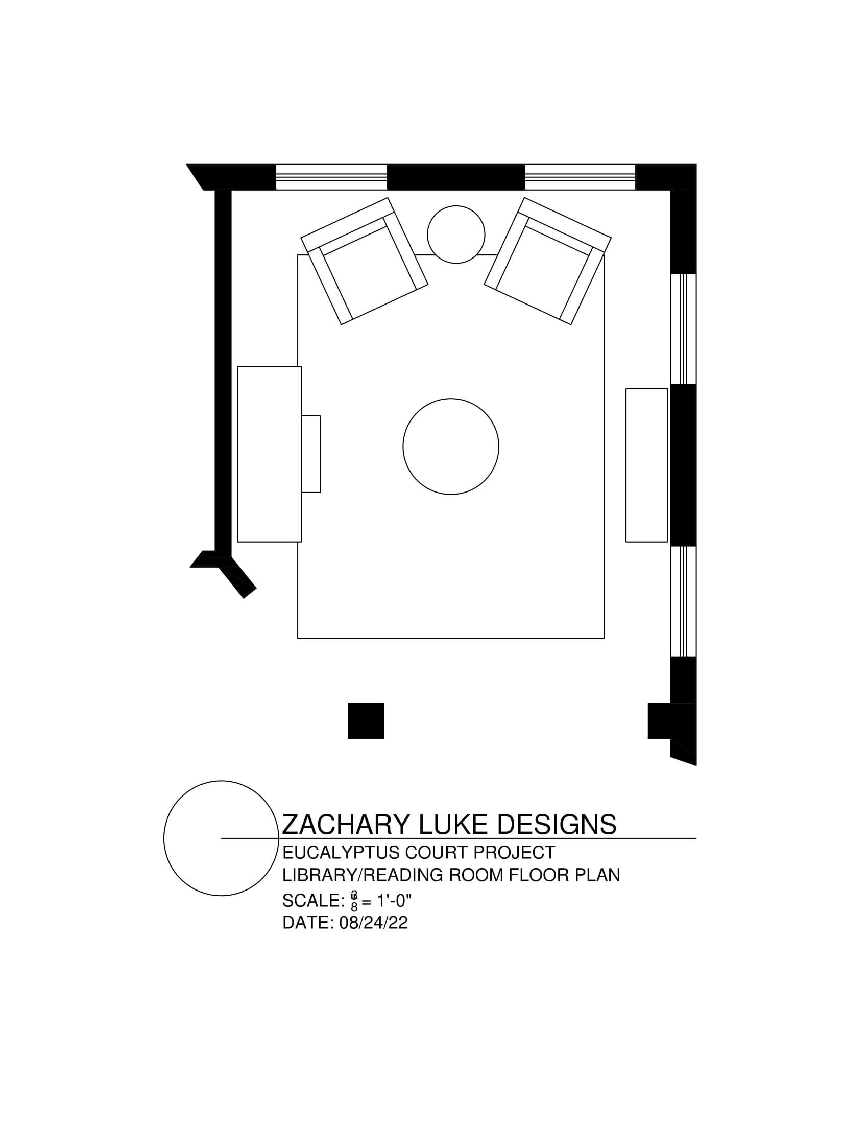 Floor plan of a room with two chairs, a coffee table, and a shelf.