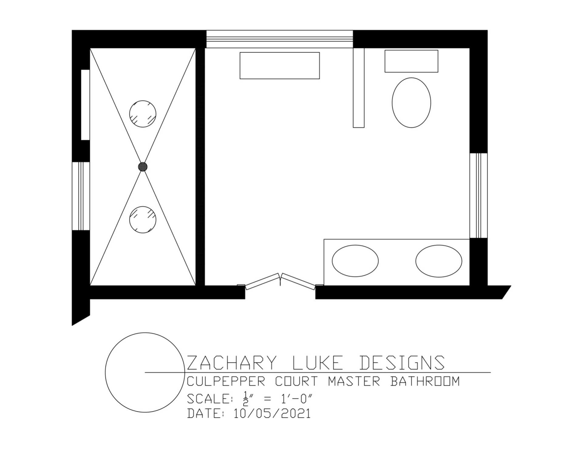 Floor plan of a master bathroom layout with a shower, toilet, and double vanity.