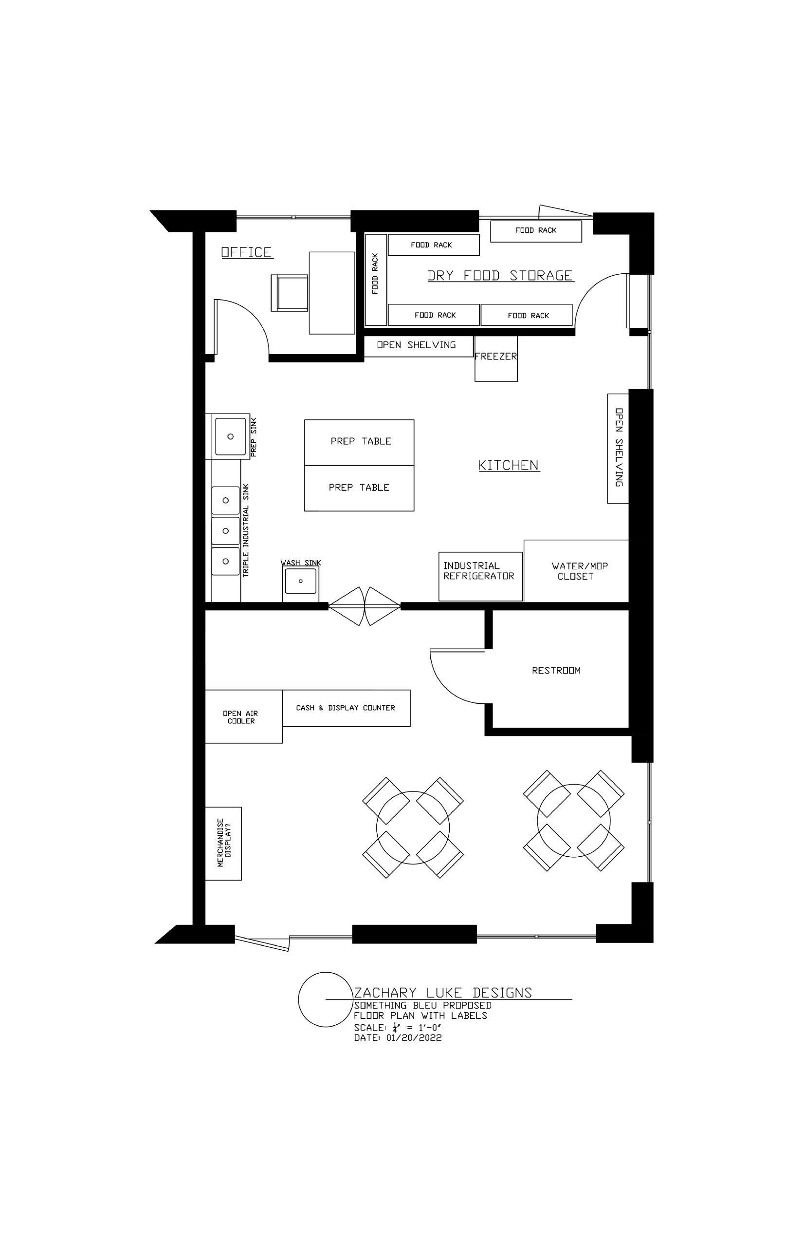 Floor plan of a small commercial space with a kitchen, dining area, and restroom.