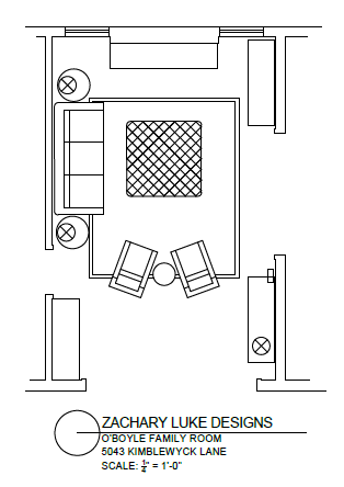 Floor plan of a family room with furniture layout, including a sofa, chairs, and entertainment unit.