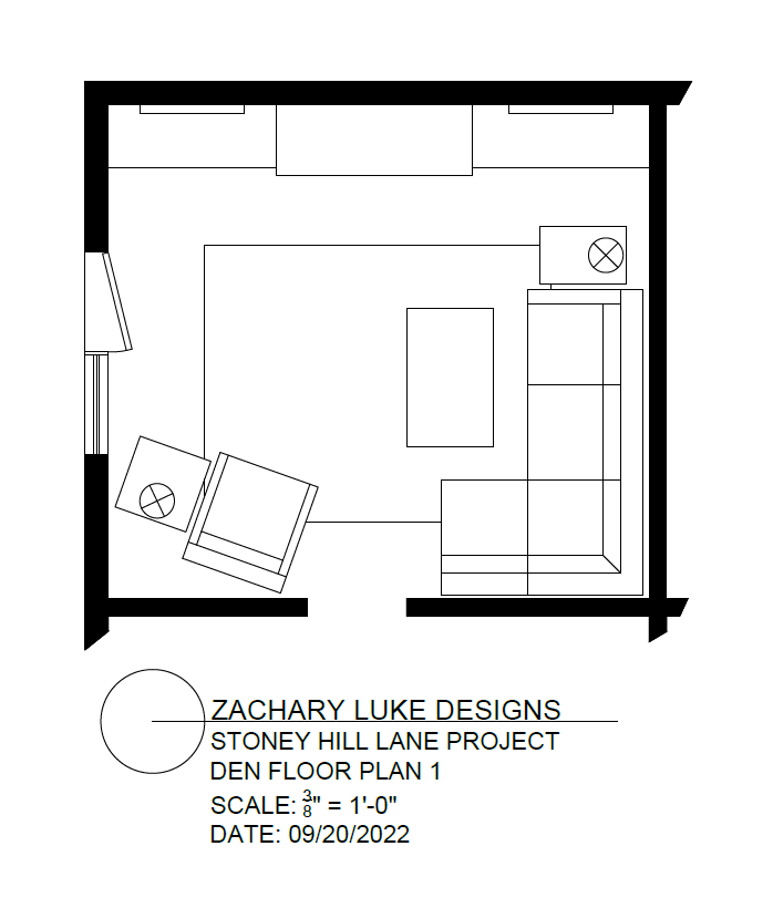 Floor plan of a den layout with furniture, including a sectional sofa, chairs, and a coffee table.