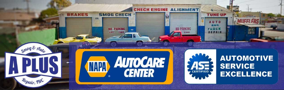Auto repair shop with parked cars and logos for A Plus, Napa AutoCare Center, and ASE.