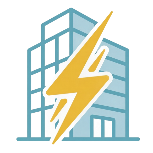 Blue office building with a large yellow lightning bolt symbol over it