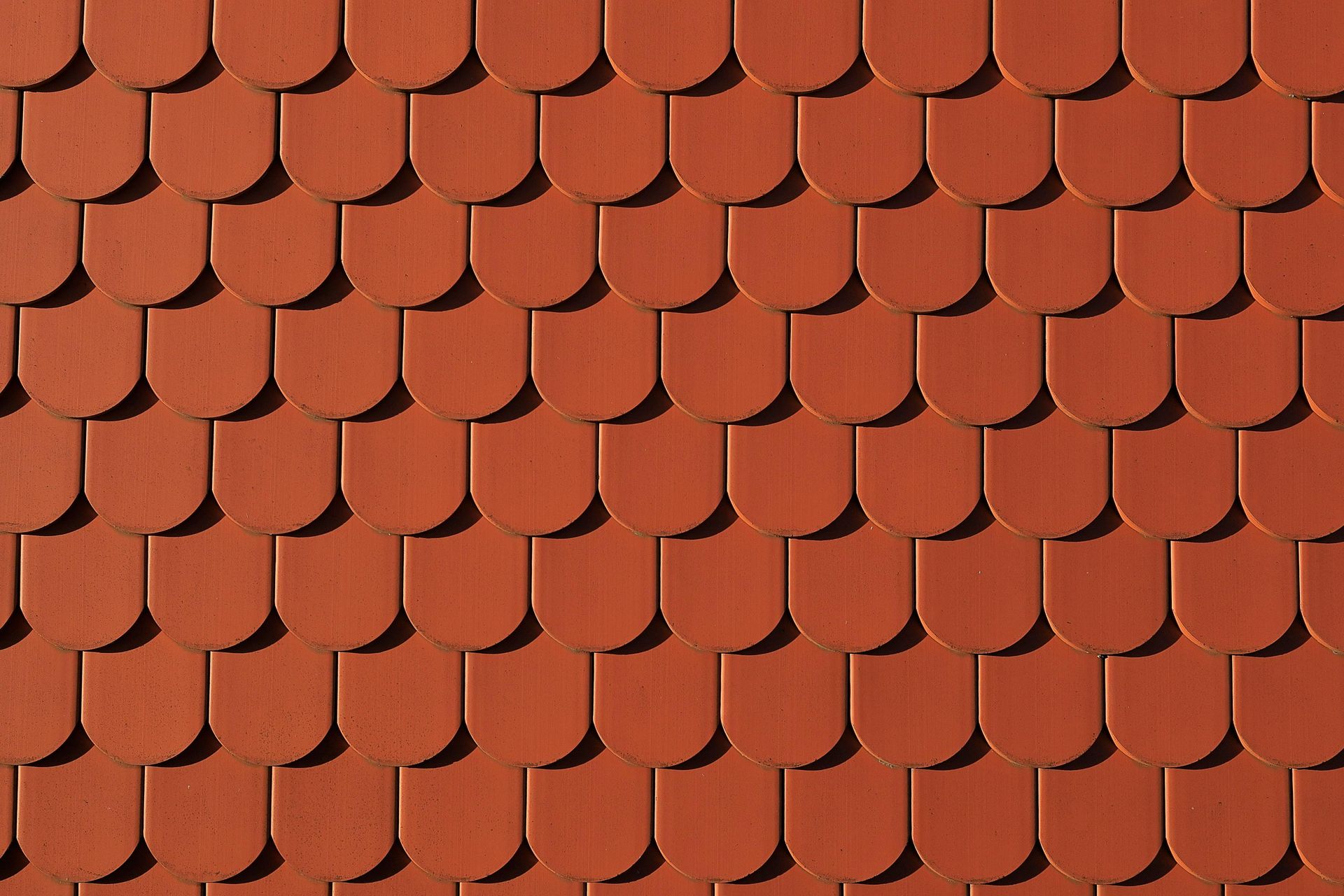 Red scallop-shaped roof tiles, casting shadows, close-up.