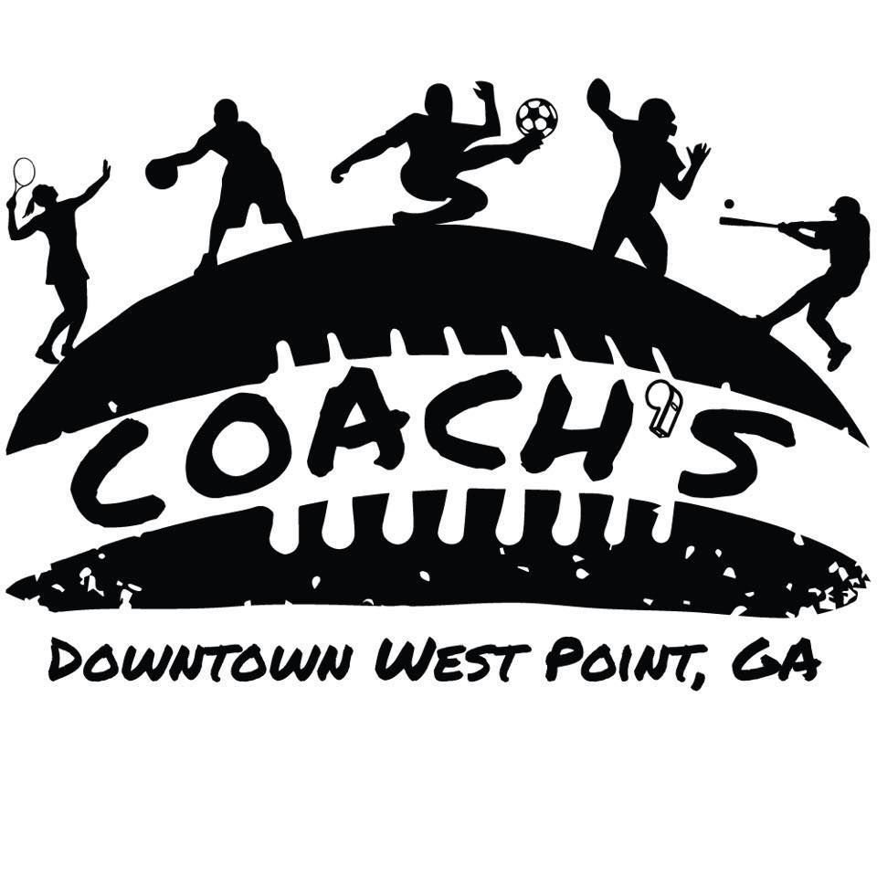 Silhouettes of athletes playing various sports atop a football shape; "Coach's" and "Downtown West Point, GA" in text.