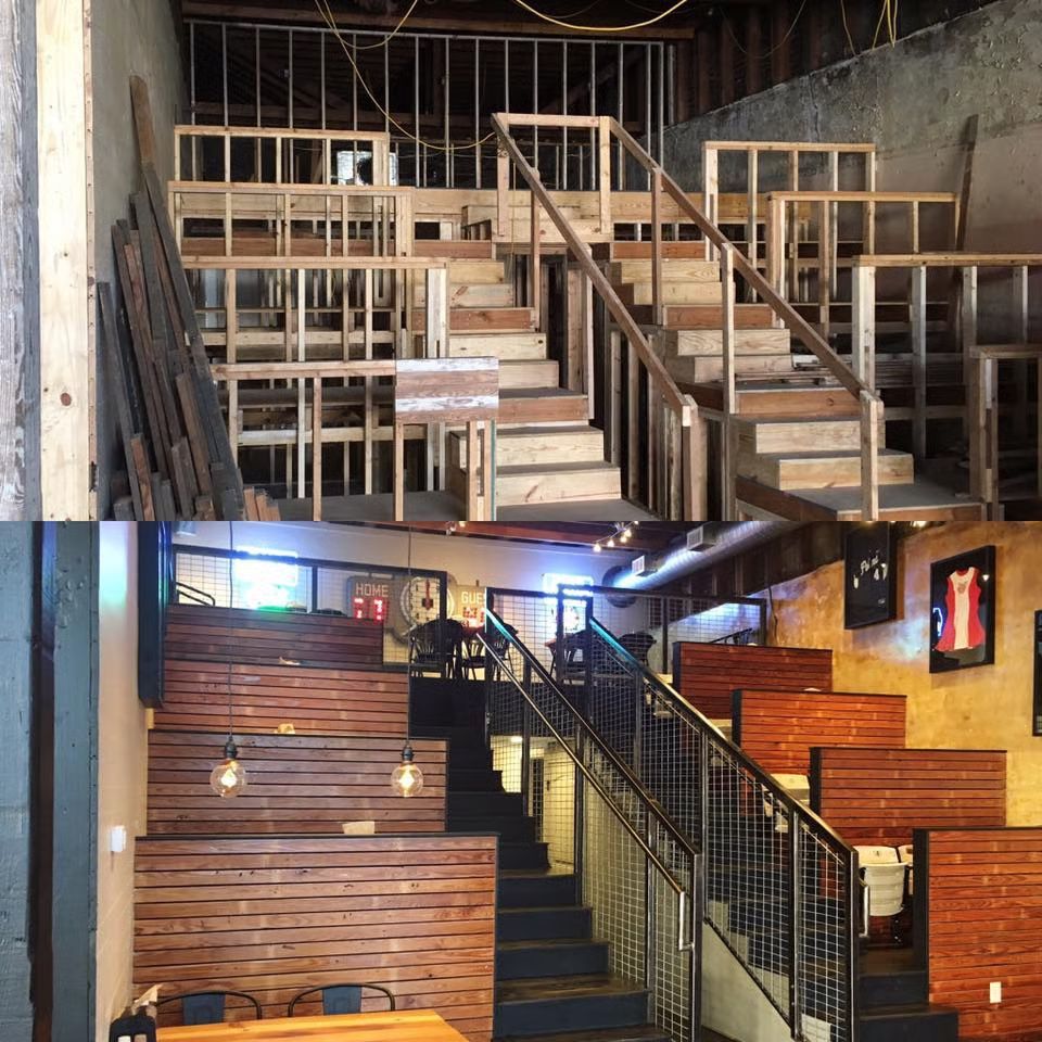 Before and after view of a staircase being built.  The finished staircase is modern with wood and metal.