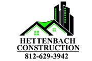Logo for Hettenbach Construction featuring a green and black house and building icon, with phone number 812-629-3942.