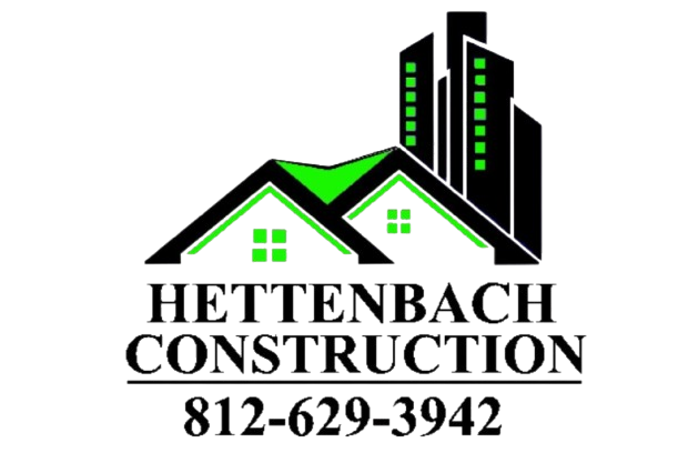Logo for Hettenbach Construction featuring a green and black house and building icon, with phone number 812-629-3942.