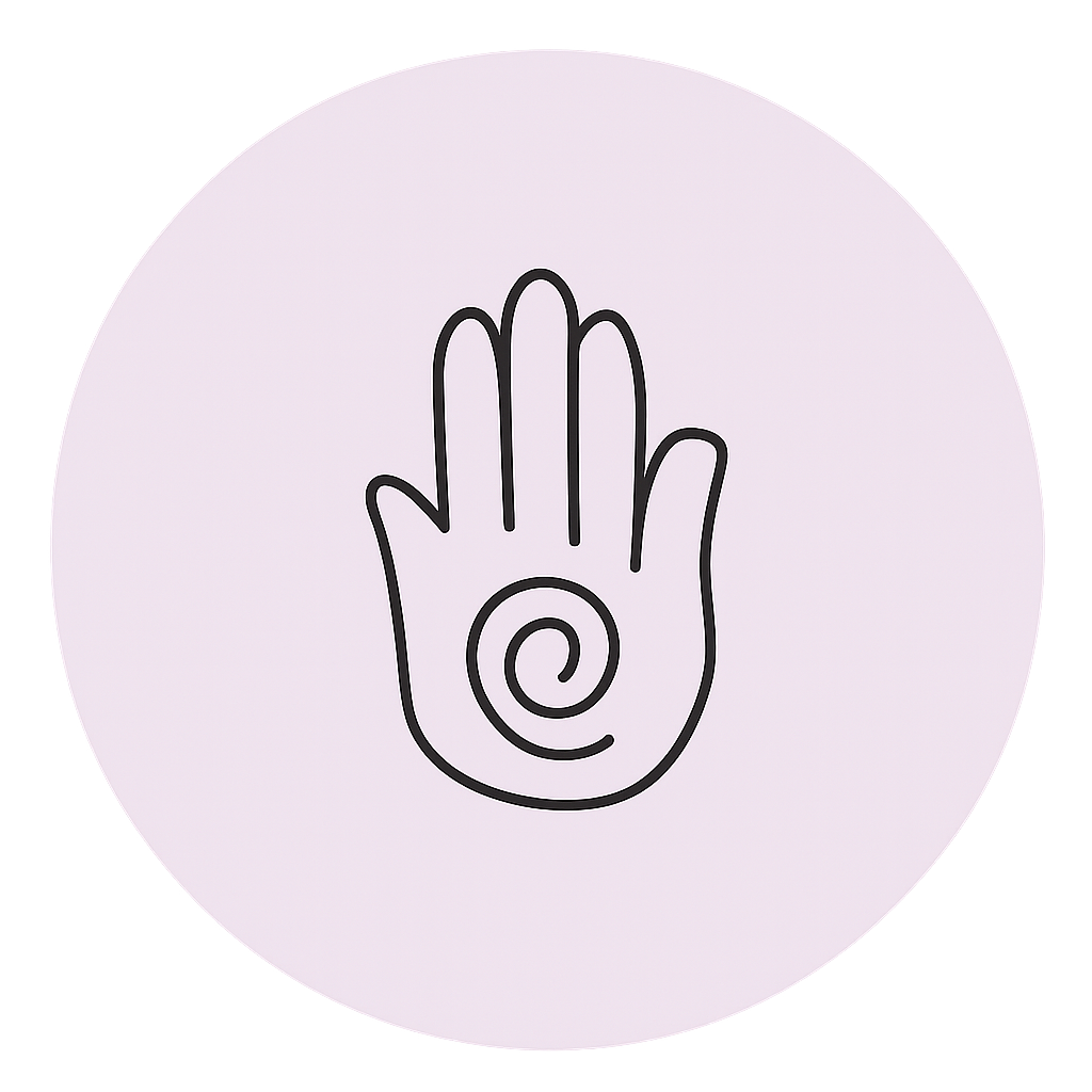 Contorno de una mano con una espiral en la palma, sobre un círculo lavanda.