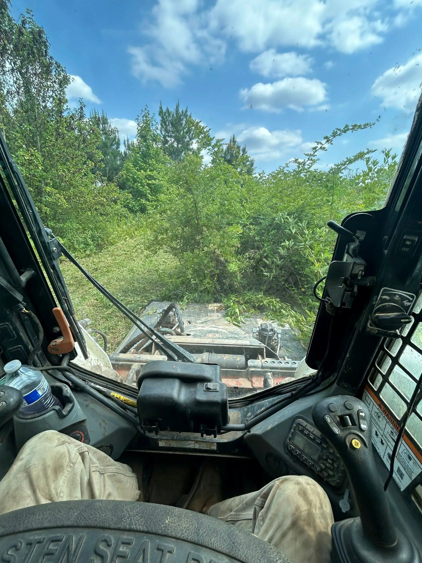 View from the cab of a skid steer loader operating a brush cutter attachment through dense, green vegetation.