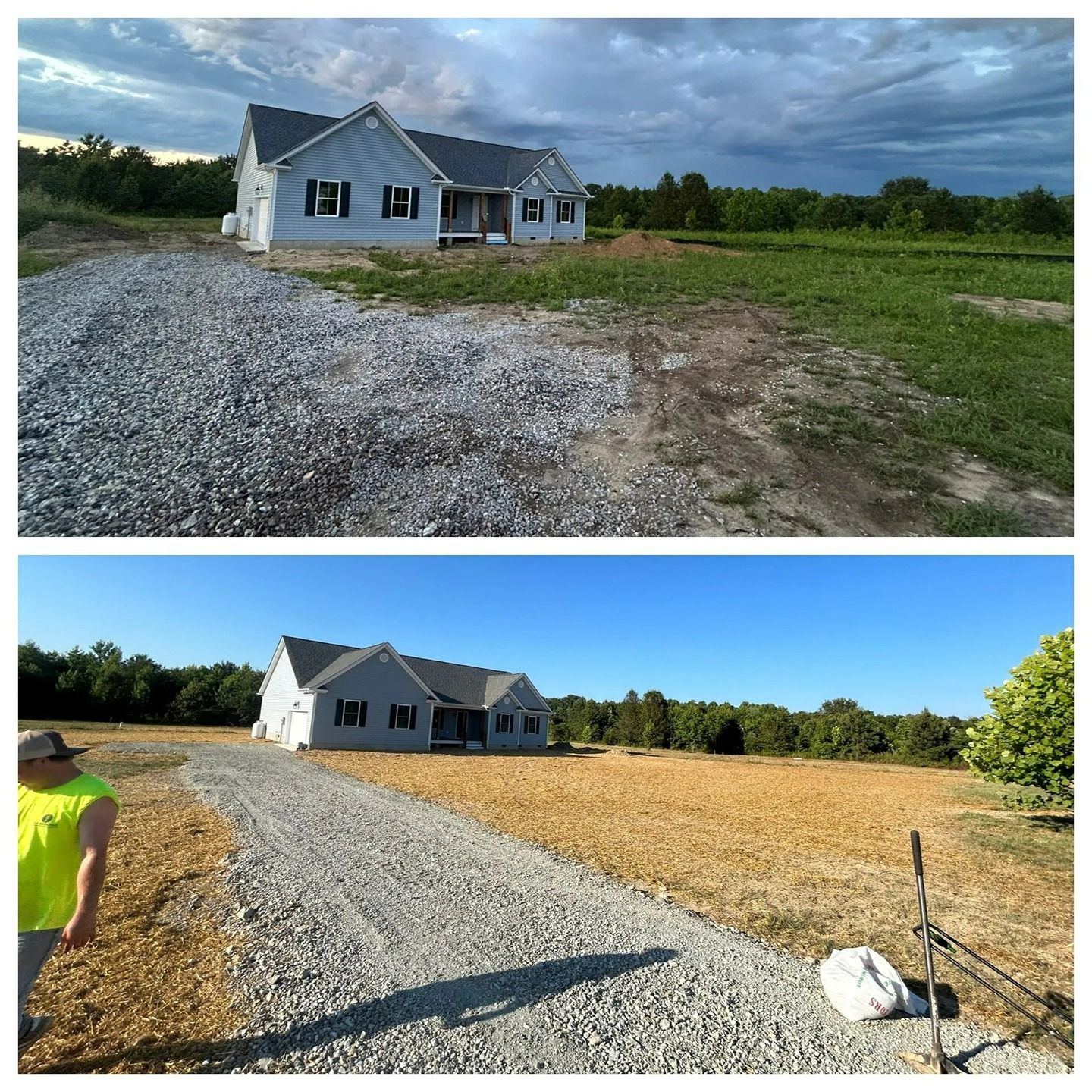Before and after photos of a residential construction site showing a newly installed gravel driveway leading to a house.