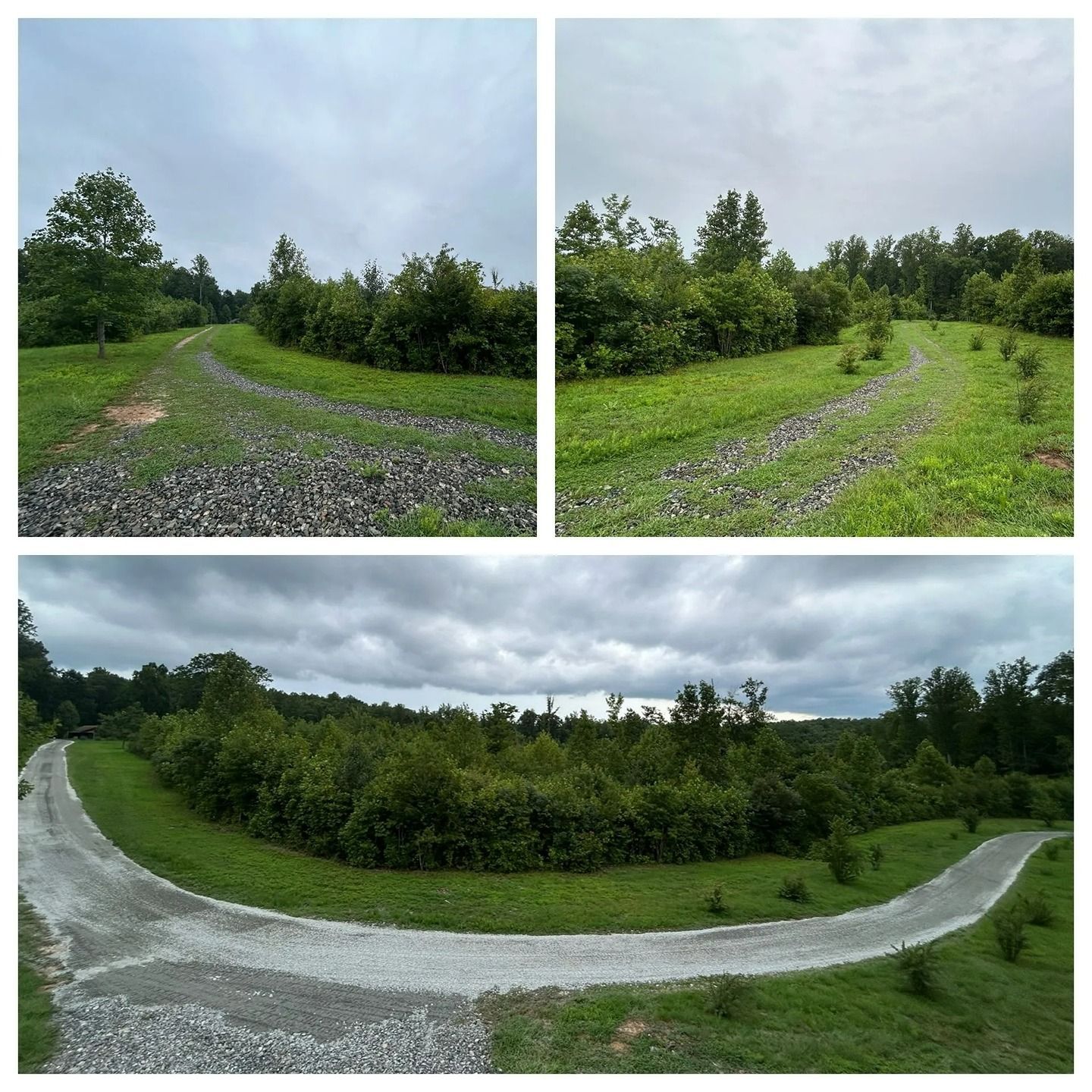 Three views of a gravel driveway winding through a grassy, tree-lined landscape under a cloudy sky.