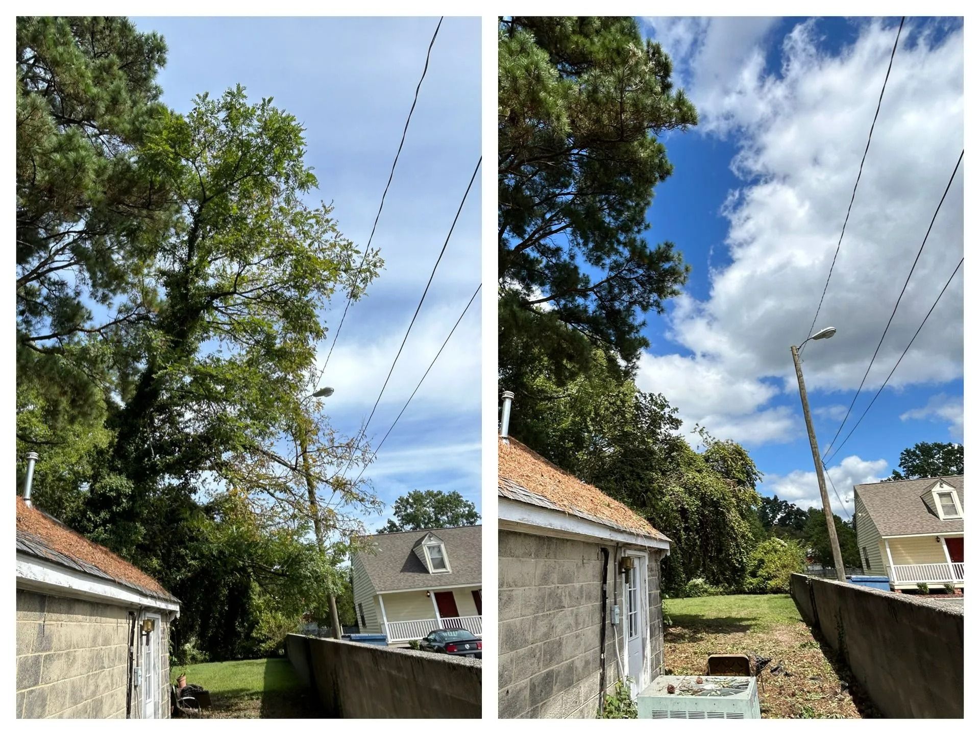 Before-and-after view of a tree being trimmed away from power lines near a stone building and house.