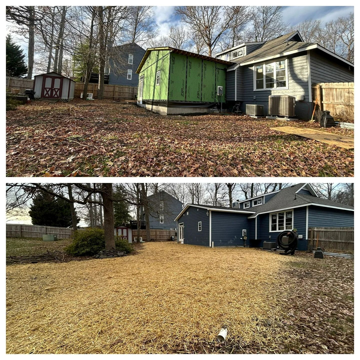 Before and after comparison of a backyard renovation, showing a house addition being finished and the lawn cleared.