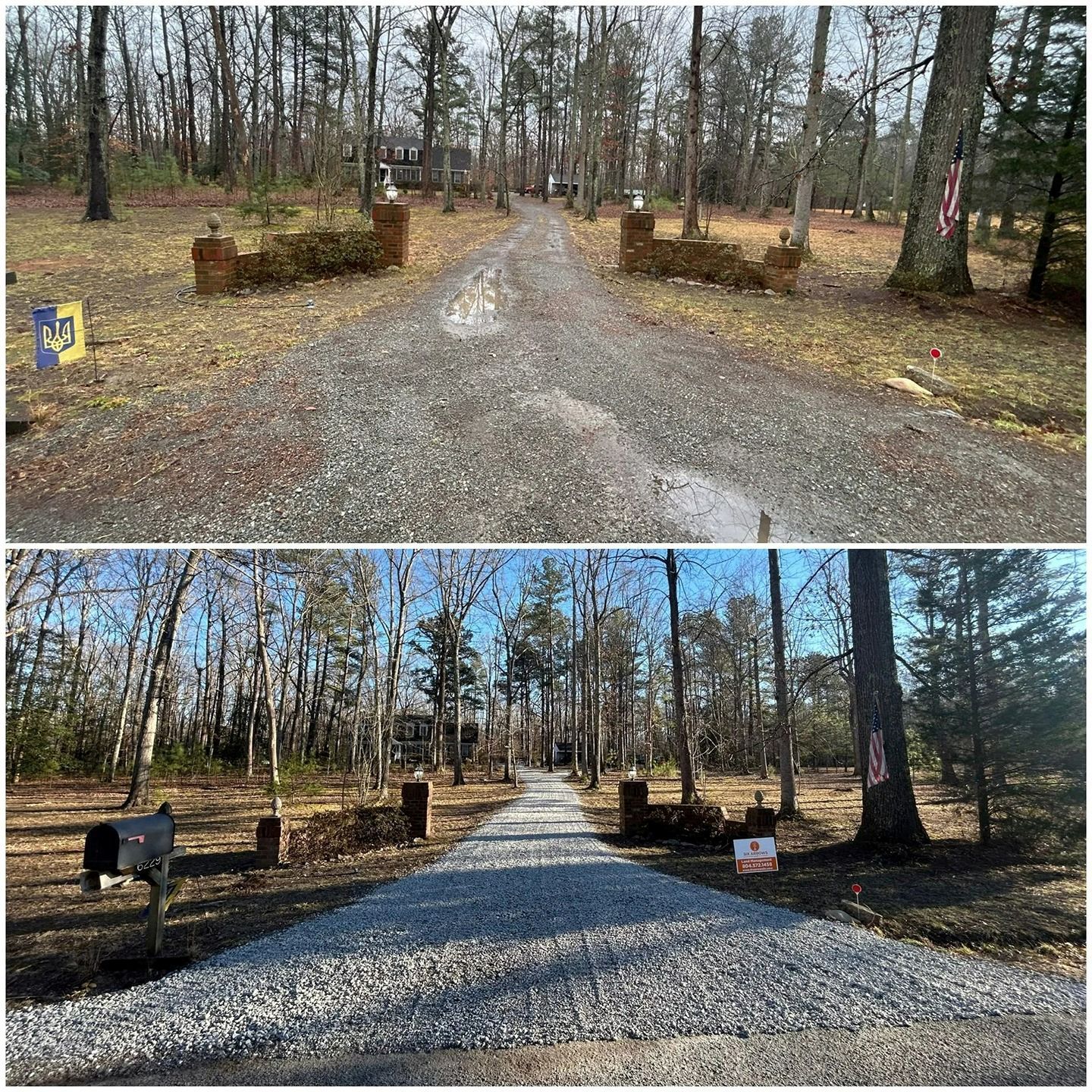 Before-and-after view of a residential gravel driveway, showing a refreshed, light-colored stone surface.