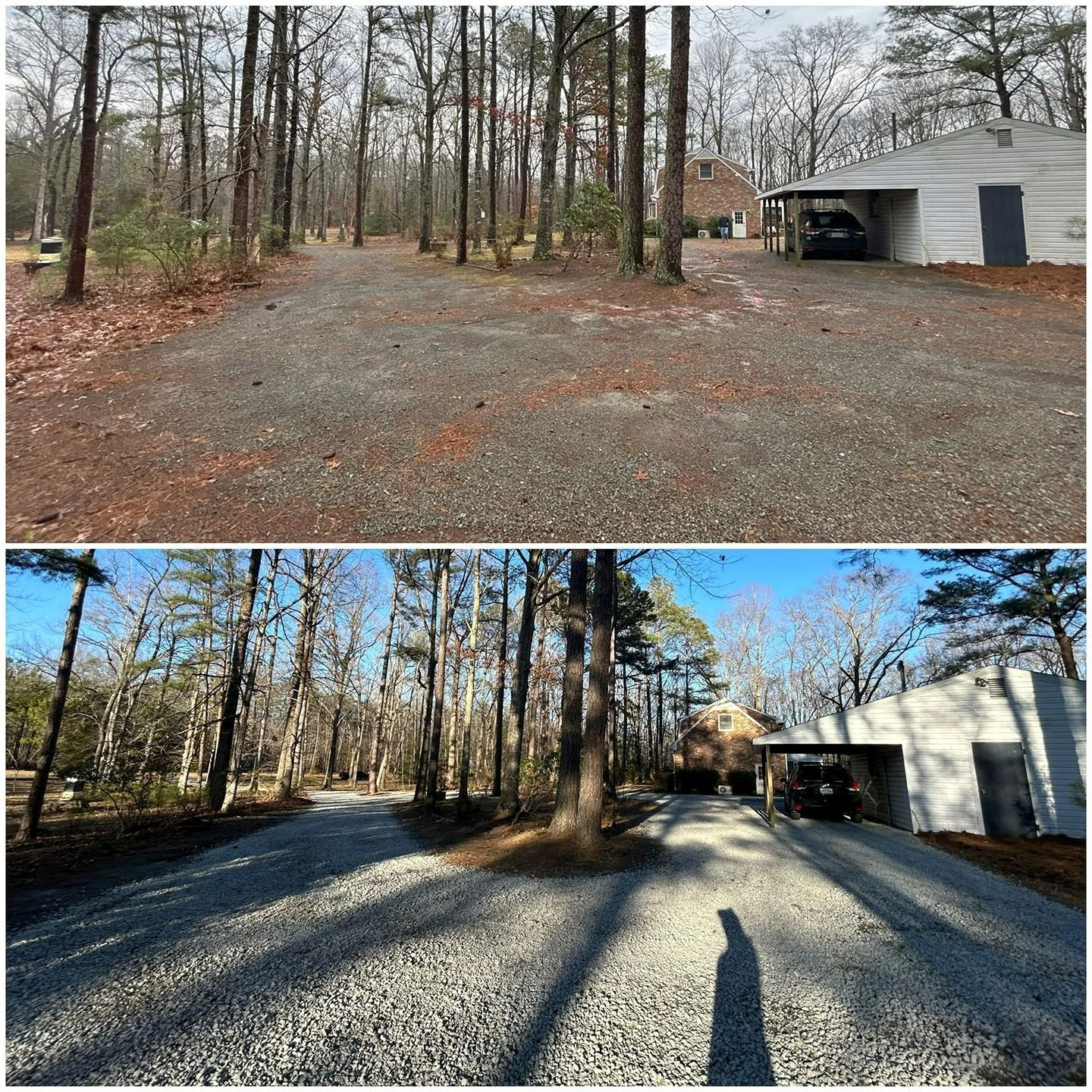 Before and after photos show a dirt driveway transformed with a fresh layer of light gray crushed stone.