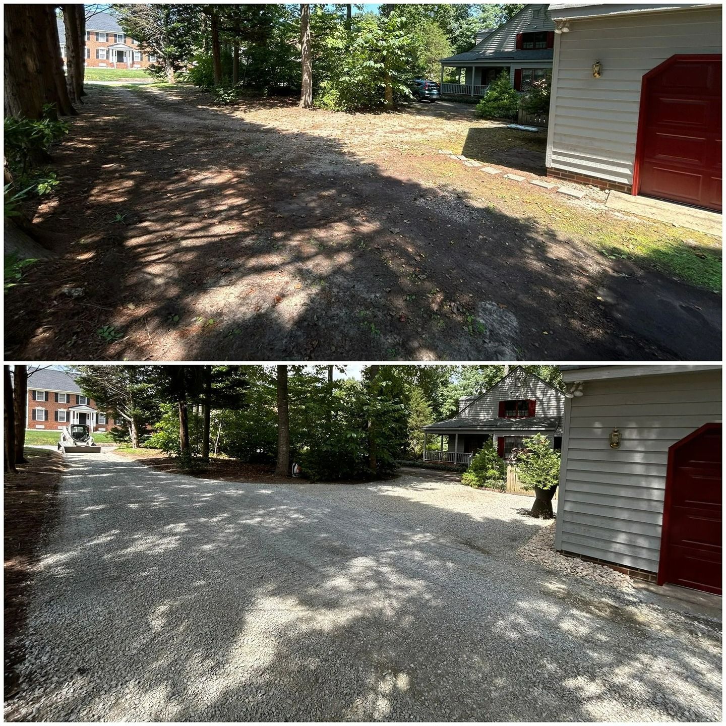 Before and after comparison of a driveway, showing a dirt surface transformed into a freshly graveled driveway.