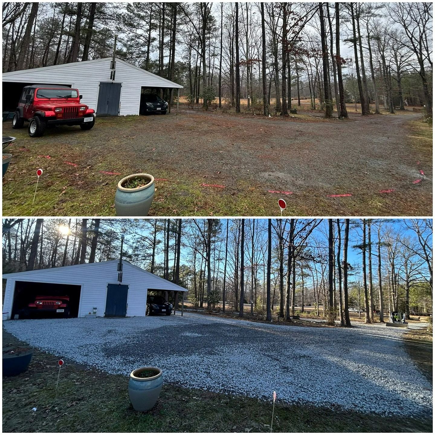 Before and after comparison of a driveway renovation featuring fresh light-colored gravel in a wooded residential yard.