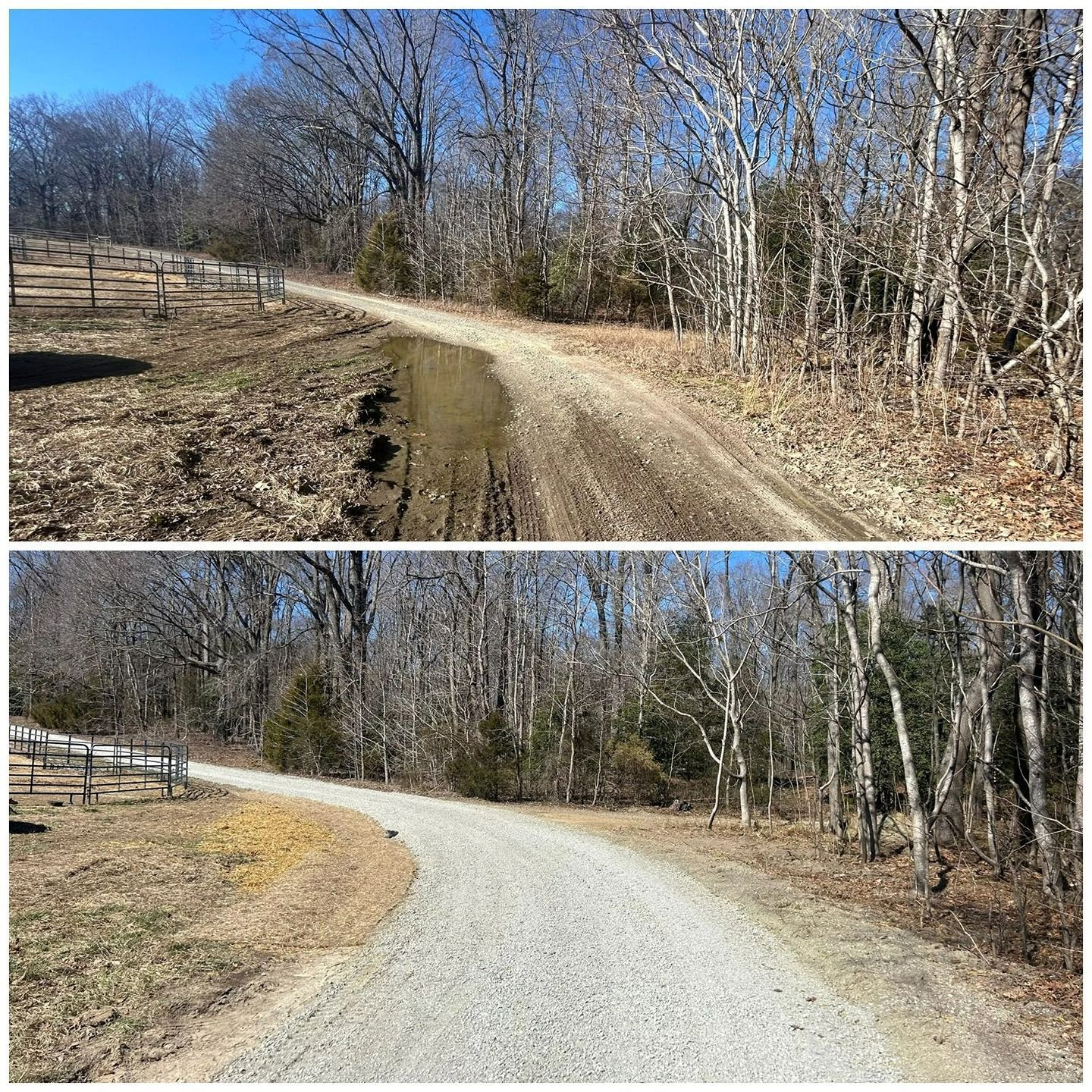 Before and after comparison of a dirt driveway repaired with fresh, light-colored gravel to fix a muddy rut.