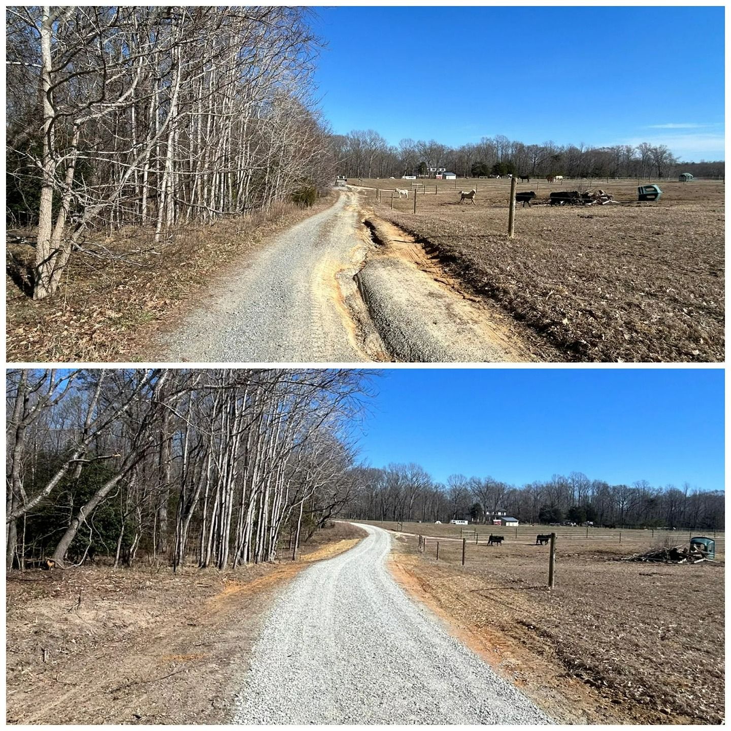 Before-and-after photos of a country gravel driveway repaired with fresh, light-colored stone alongside a fenced pasture.