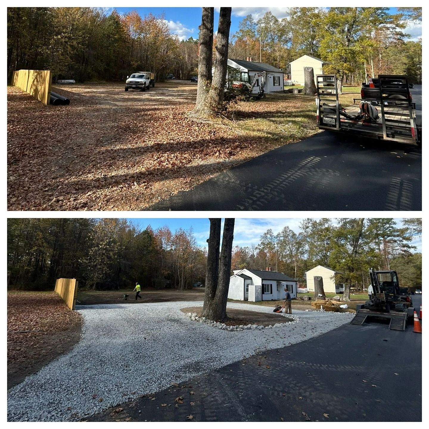 Before and after photos of a dirt driveway being renovated with fresh gravel, alongside a house and parked machinery.